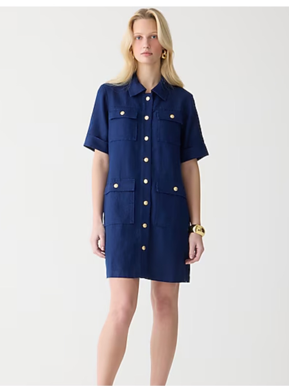 J. Crew Navy Linen Short-Sleeve Button-Front Gamine Shirt Dress